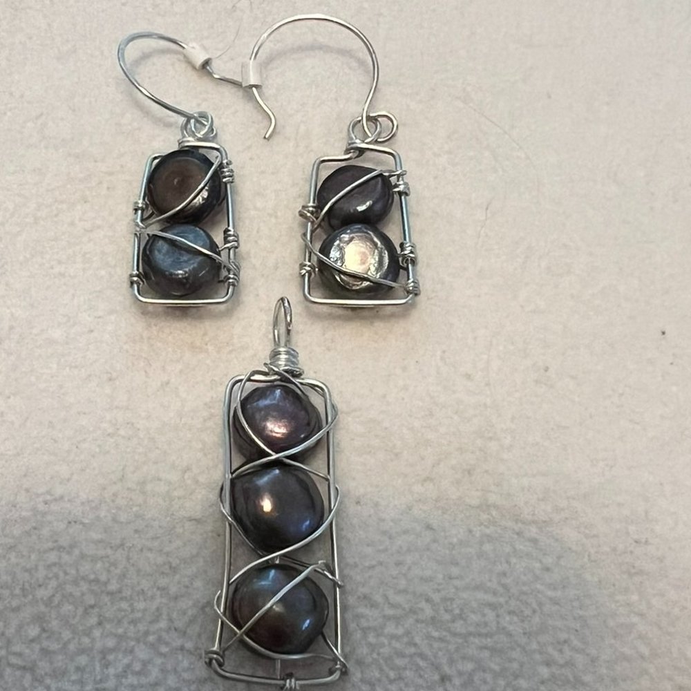 Custom Made Black Pearl Earrings and Pendant Wrapped in Silver Wire